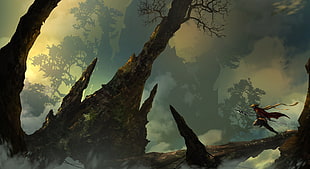 person approaching a tree digital wallpaper, fantasy art, warrior, running, trees HD wallpaper