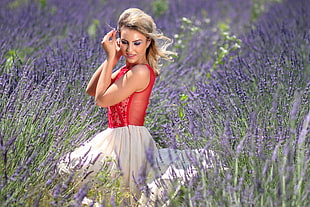 woman in sleeveless dress in lavender field