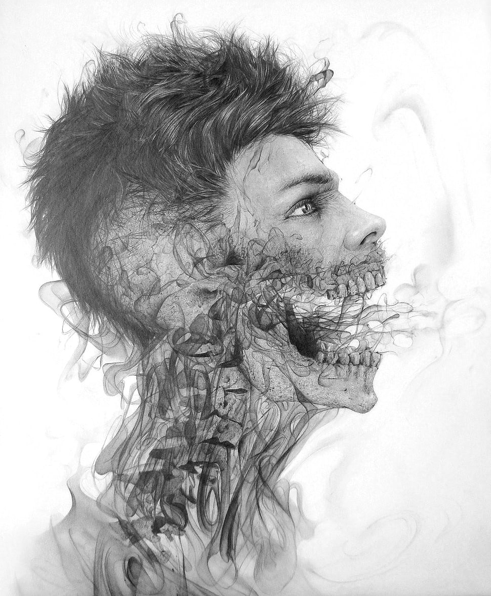 side-view man head with skull digital wallpaper HD wallpaper