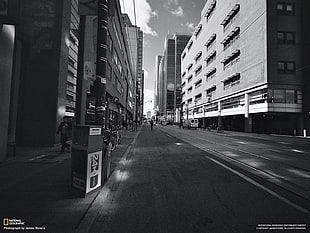 grayscale photo of buildings, street, urban, cityscape, monochrome