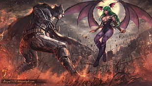two character digital wallpaper, fantasy art, Batman, Morrigan (Darkstalkers)