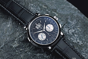 round black chronograph watch with black leather strap, watch, luxury watches, A. Lange & Söhne