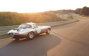 classic silver coupe, Jaguar, Jaguar E-Type, car, road