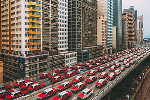 red and white concrete building, taxi, Hong Kong, city, cityscape