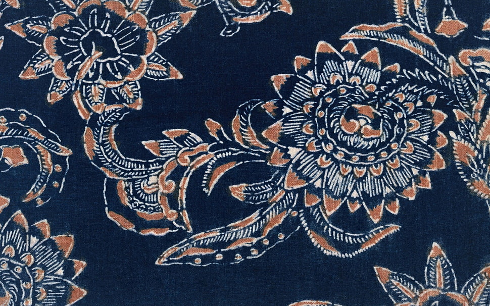 blue and orange floral textile HD wallpaper