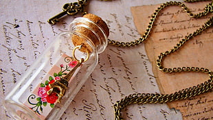 clear glass cork vial pendant necklace, Eiffel Tower, keys, bottles, chains