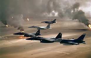 five fighting planes, McDonnell Douglas F-15 Eagle, McDonnell Douglas F-15E Strike Eagle, Desert Storm, airplane HD wallpaper