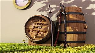 brown barrels and katanas HD wallpaper