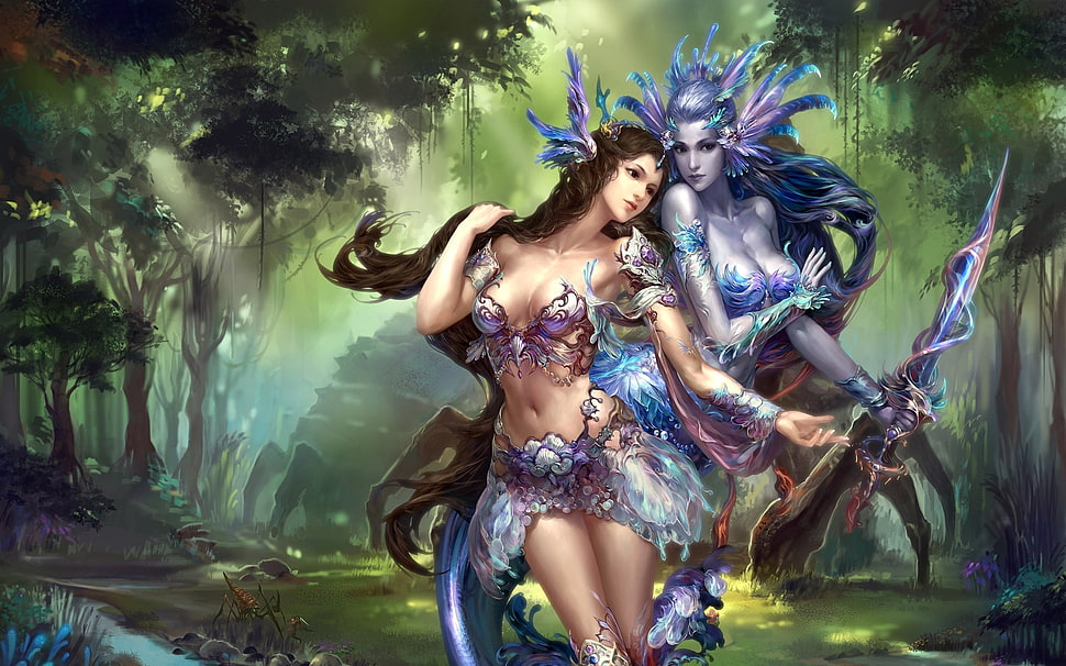 two woman characters near tall trees painting HD wallpaper