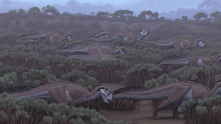 brown dinosaur painting, dinosaurs, Simon Stålenhag
