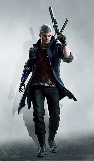 man holding a pistol game character, Devil May Cry 5, Nero (Devil May Cry), Devil May Cry