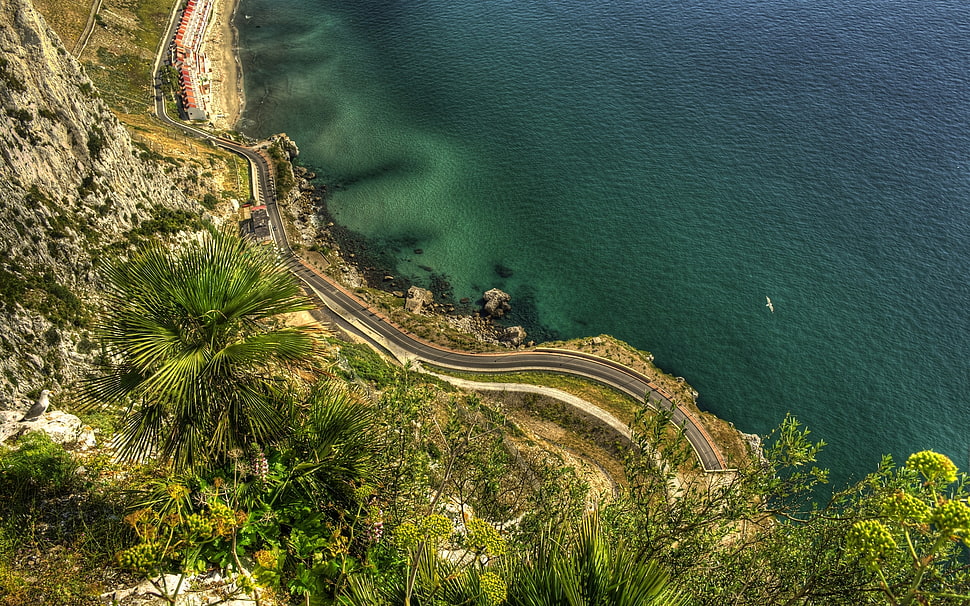 aerial photography of highway beside body of water during daytime HD wallpaper