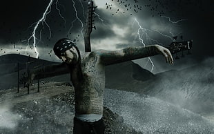 man with tattoo crucified with lightning background photo HD wallpaper