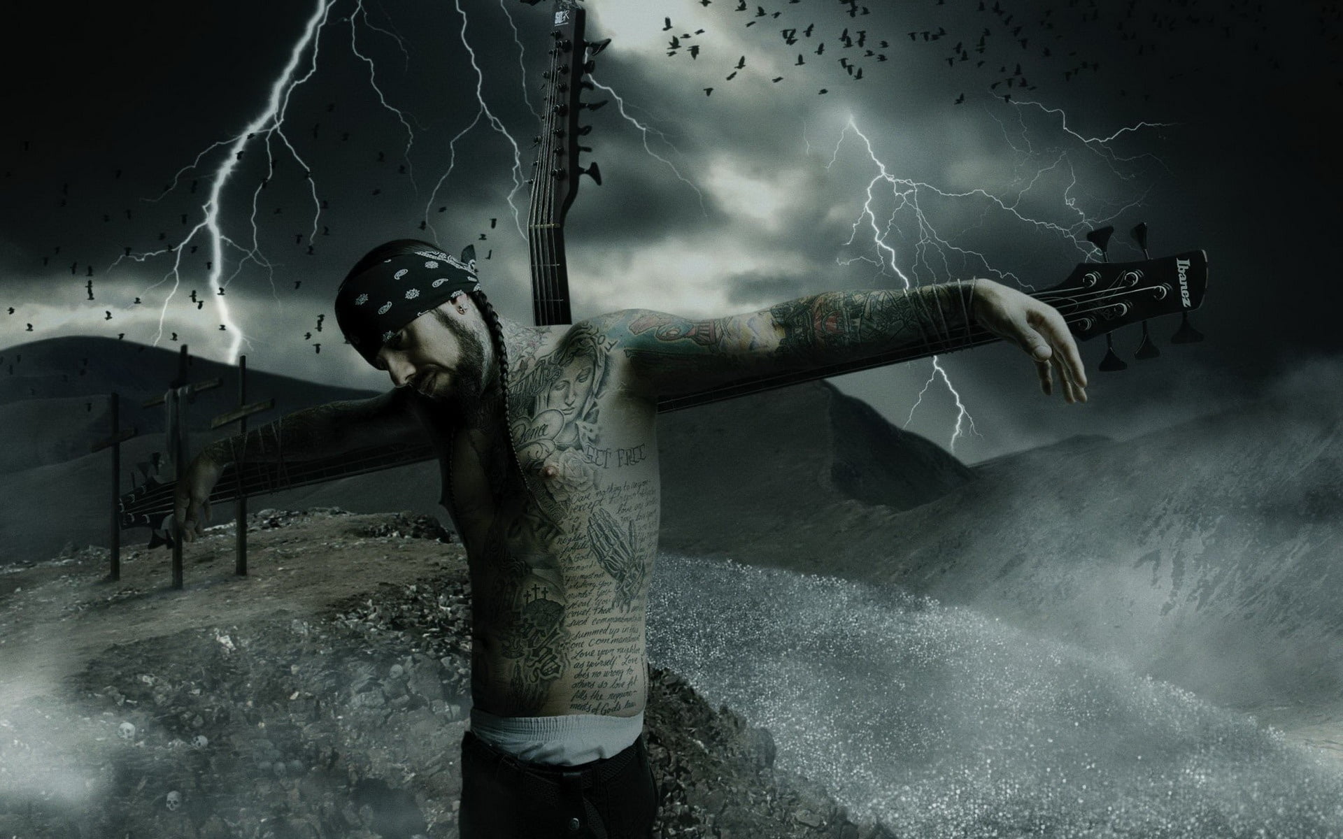 man with tattoo crucified with lightning background photo