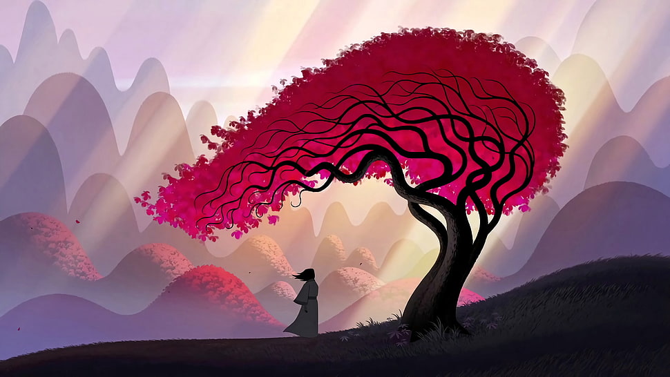 person under red leaf tree illustration HD wallpaper