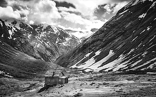 wooden shack, Norway, landscape, monochrome, mountains