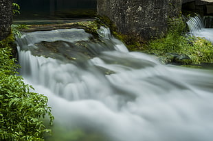 landscape photography of water falls between trees, tonnerre HD wallpaper