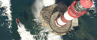 aerial photography of red and white lighthouse, video games, boat, lighthouse, screen shot