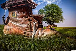 brown leather boot house, digital art, fantasy art, architecture, building HD wallpaper