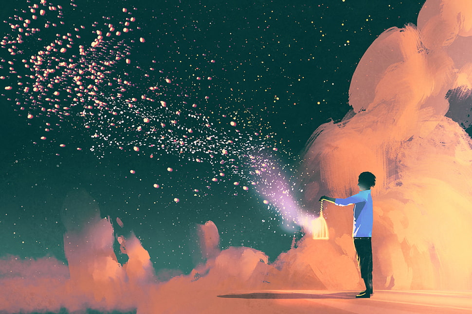 person holding lantern digital wallpaper, anime, clouds, lantern, night HD wallpaper