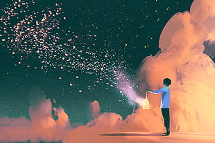 person holding lantern digital wallpaper, anime, clouds, lantern, night