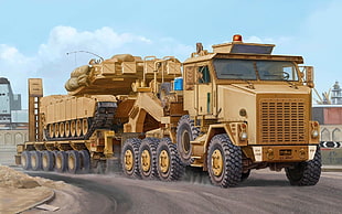 yellow flatbed trailer truck, M1 Abrams, vehicle