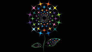 multicolored flower art, black background, digital art, minimalism, flowers