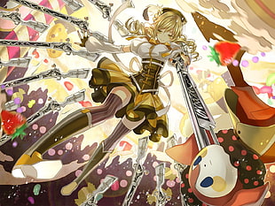 female anime character wearing gold dress digital wallpaper, Mahou Shoujo Madoka Magica, gun, Tomoe Mami