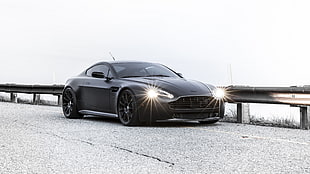 black coupe, car, Aston Martin, black cars, lights