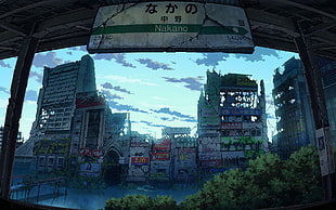 grey concrete building anime movie still HD wallpaper