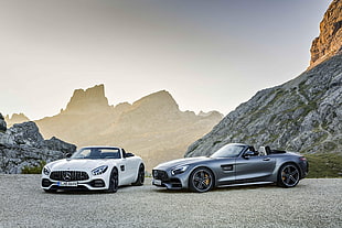 white Mercedes-Benz convertible coupe beside grey convertible coupe HD wallpaper