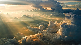 white clouds, sun rays, clouds HD wallpaper