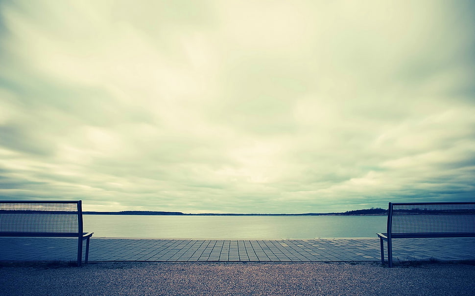 white and blue inflatable boat, bench, clouds, nature, alone HD wallpaper