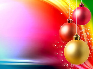 three red and yellow baubles decor HD wallpaper