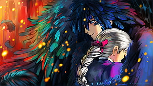 man and girl hugging anime character digital wallpaper