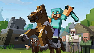 Minecraft character riding on brown horse illustration