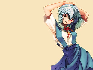 blue haired female anime in blue and white uniform HD wallpaper