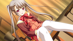 red dressed female anime character sitting on chair