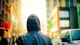black and gray hooded jacket, city, hoods, urban, people