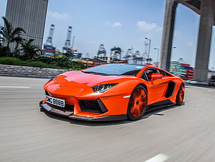orange Lamborghini Aventador coupe, car, Lamborghini, Lamborghini Aventador, red cars HD wallpaper
