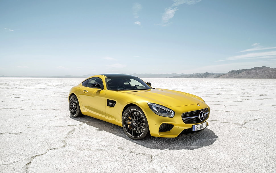 yellow Mercedes-Benz coupe, racing, Mercedes-Benz, yellow cars, desert HD wallpaper