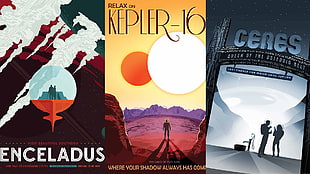 three assorted books, Travel posters, the expanse, NASA