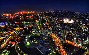 aerial view photography of city skyline at night time HD wallpaper