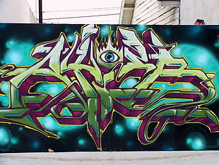 green, black, and blue graffiti wall, graffiti