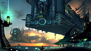 gray floating buildings animation, fantasy art, futuristic, spaceship, science fiction