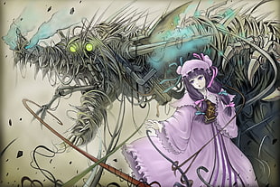 woman with purple hair wearing purple dress anime fictional character digital wallpaper HD wallpaper