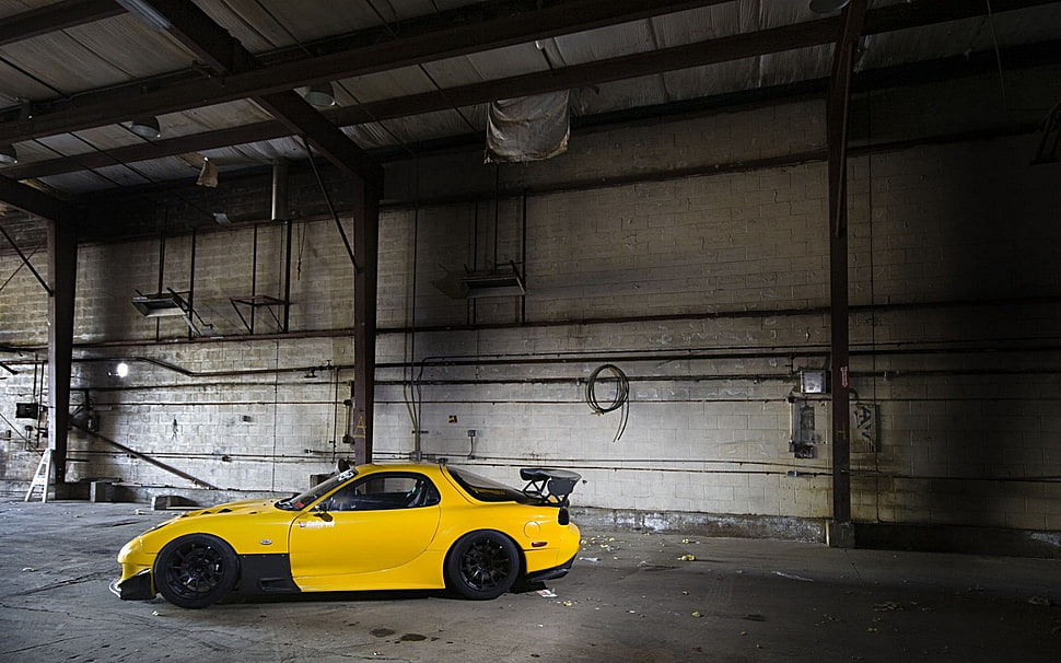 yellow coupe inside building, JDM, Stance, Mazda, car HD wallpaper