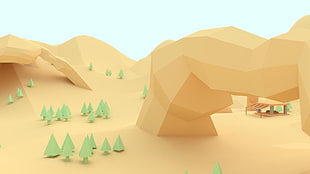 white and green wooden table, low poly, digital art, trees, mountains HD wallpaper