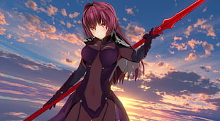 female character in maroon mesh dress holding red sword digital wallpaper