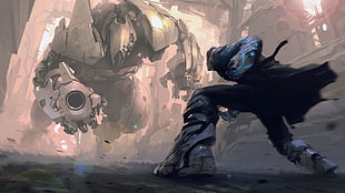 video game digital wallpaper, mech, cyborg, fighting, futuristic